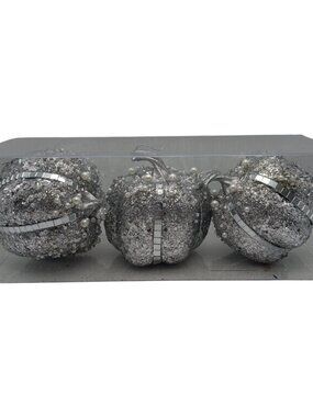 Silver Glitter Metallic Pumpkin Ornaments Set/3 NIB